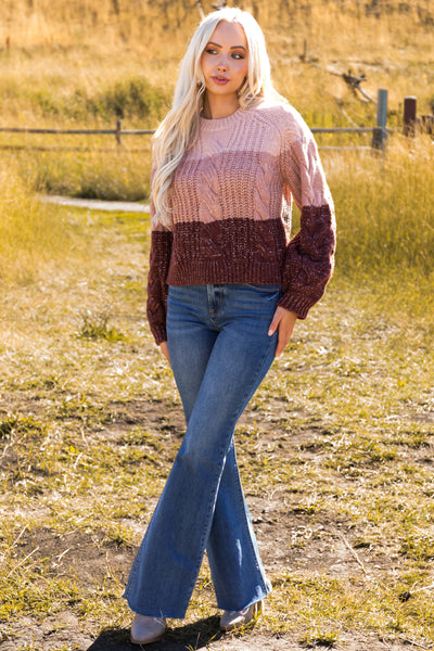 Dusty Blush and Eggplant Colorblock Sweater