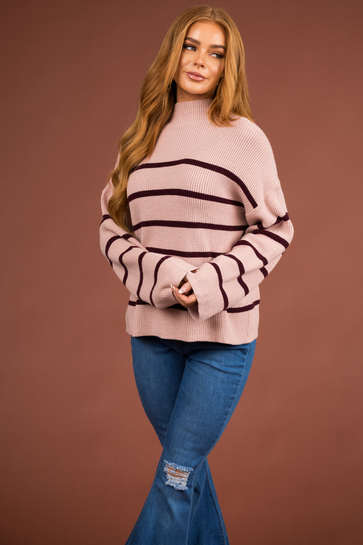 Dusty Blush and Eggplant Stripped Knit Sweater