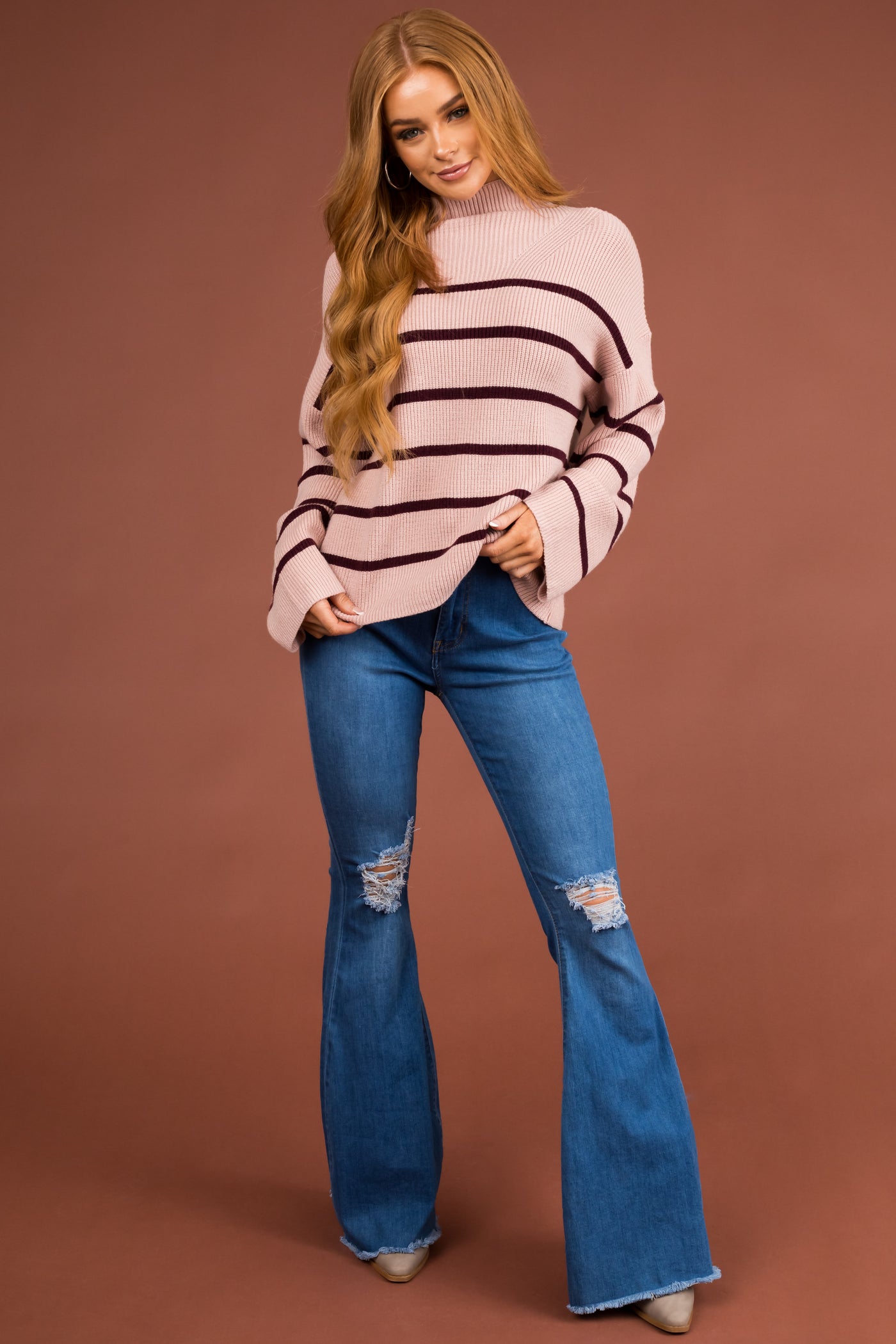 Dusty Blush and Eggplant Stripped Knit Sweater