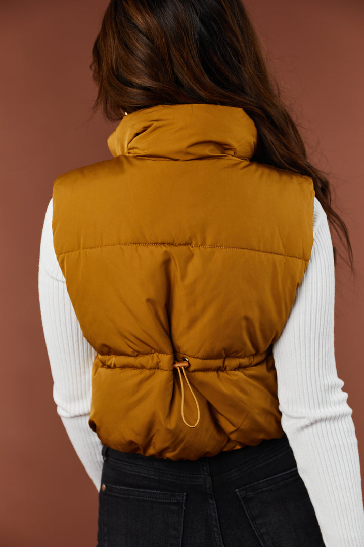 Dusty Carmel Zip Up Puffer Crop Vest with Pockets