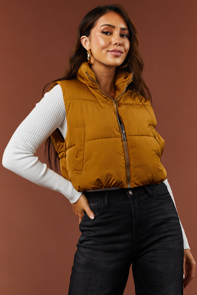 Dusty Carmel Zip Up Puffer Crop Vest with Pockets