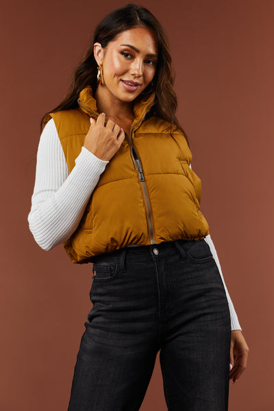 Dusty Carmel Zip Up Puffer Crop Vest with Pockets