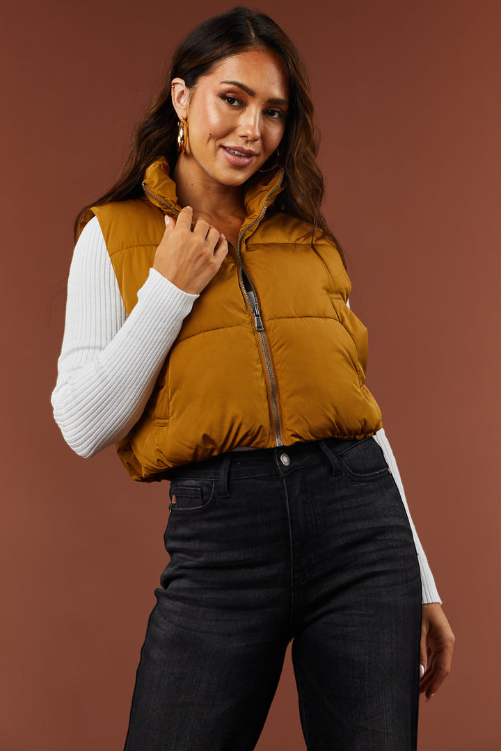 Dusty Carmel Zip Up Puffer Crop Vest with Pockets