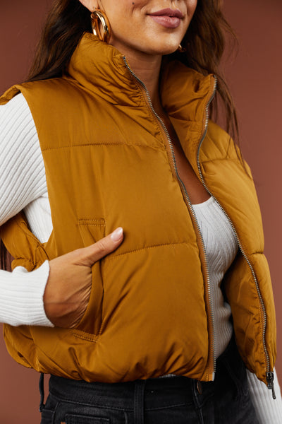 Dusty Carmel Zip Up Puffer Crop Vest with Pockets