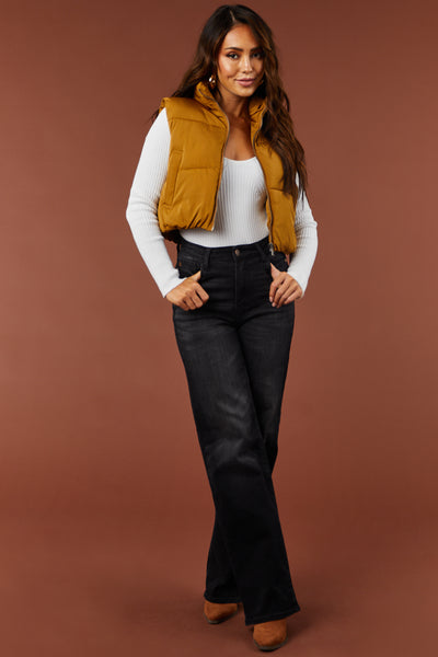 Dusty Carmel Zip Up Puffer Crop Vest with Pockets