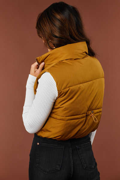 Dusty Carmel Zip Up Puffer Crop Vest with Pockets
