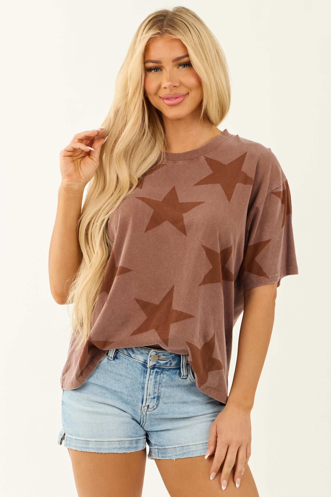 Dusty Chocolate Star Print Short Sleeve Top