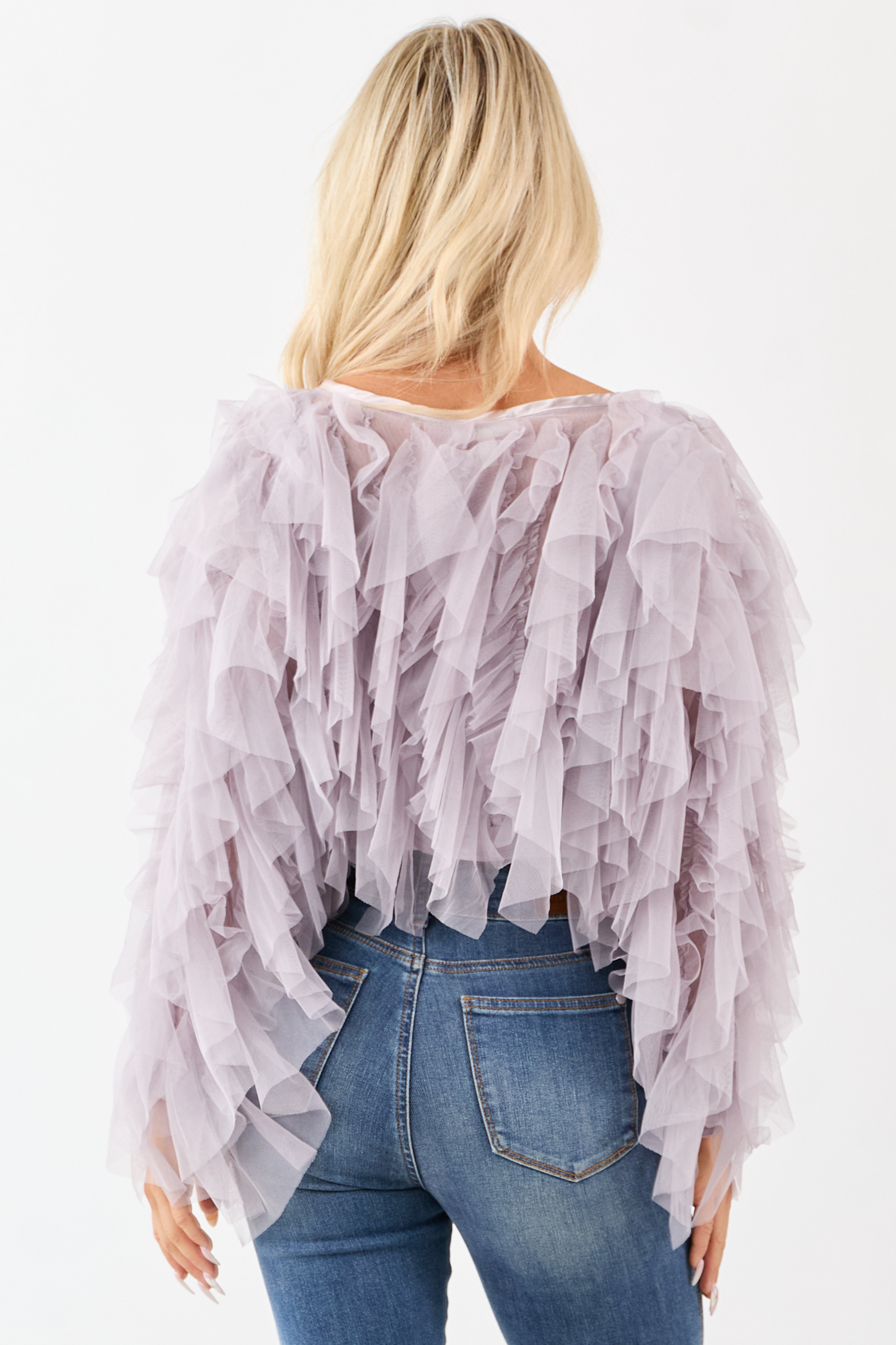 Dusty Lavender Tulle Ruffle Cropped Cardigan