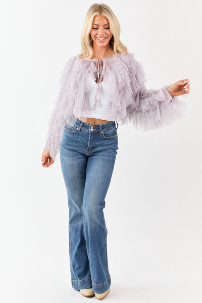 Dusty Lavender Tulle Ruffle Cropped Cardigan