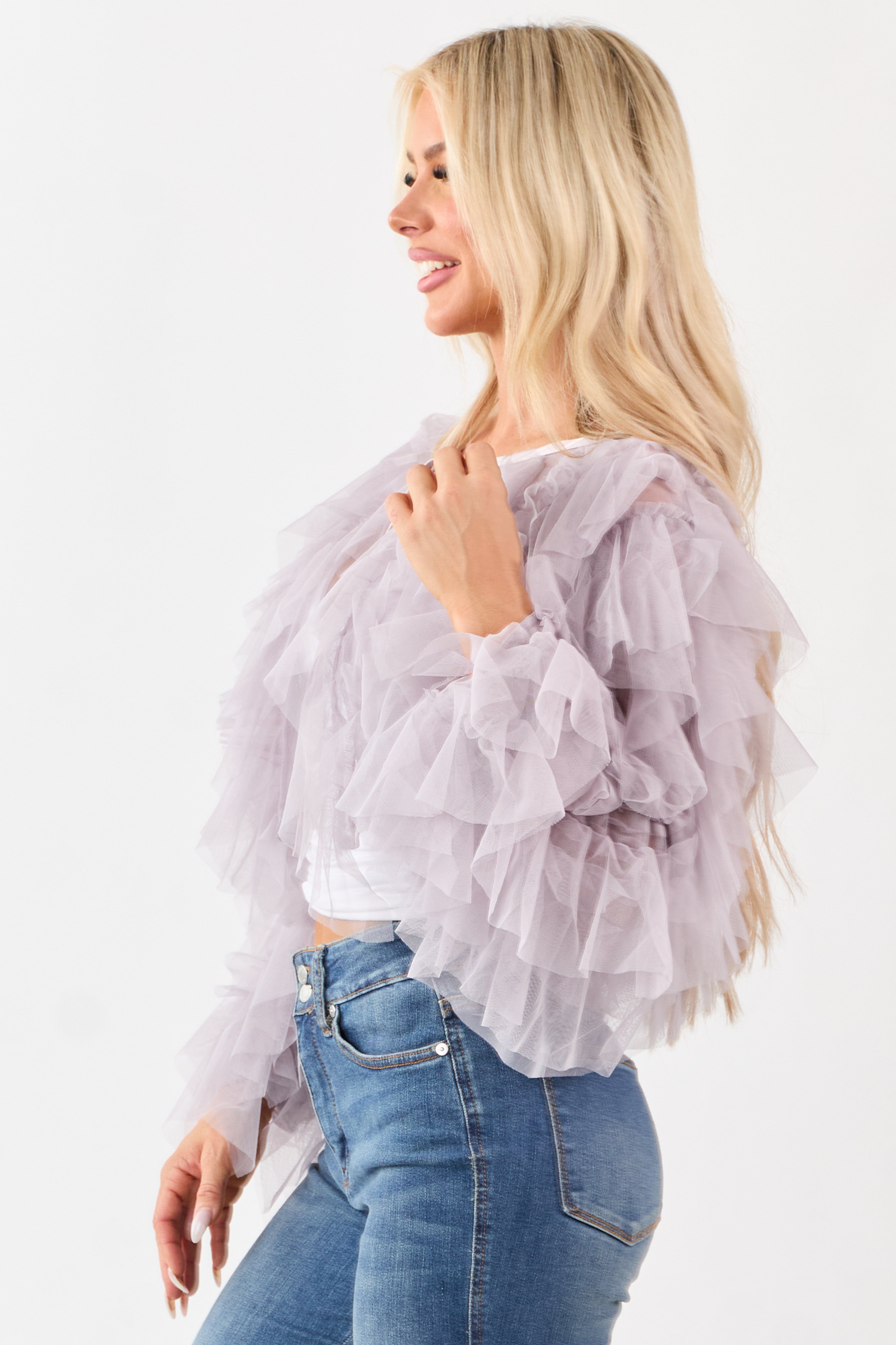 Dusty Lavender Tulle Ruffle Cropped Cardigan