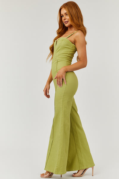Dusty Lime Sleeveless Flare Leg Denim Jumpsuit