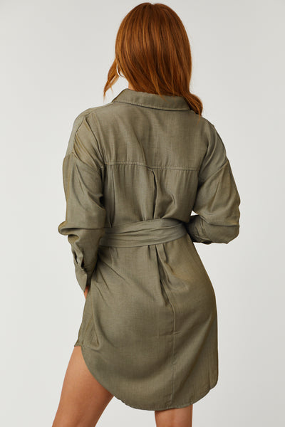 Dusty Olive High Low Button Down Belted Shirt Dress