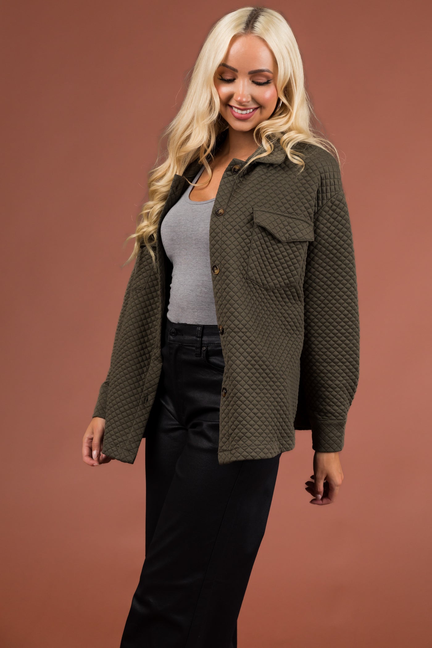 Dusty Olive Lattice Quilted Chest Pocket Shacket