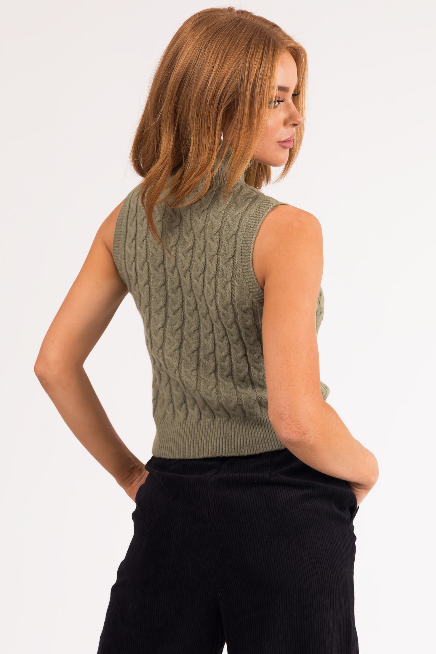Dusty Olive Mock Neck Cable Knit Tank Top Lime Lush