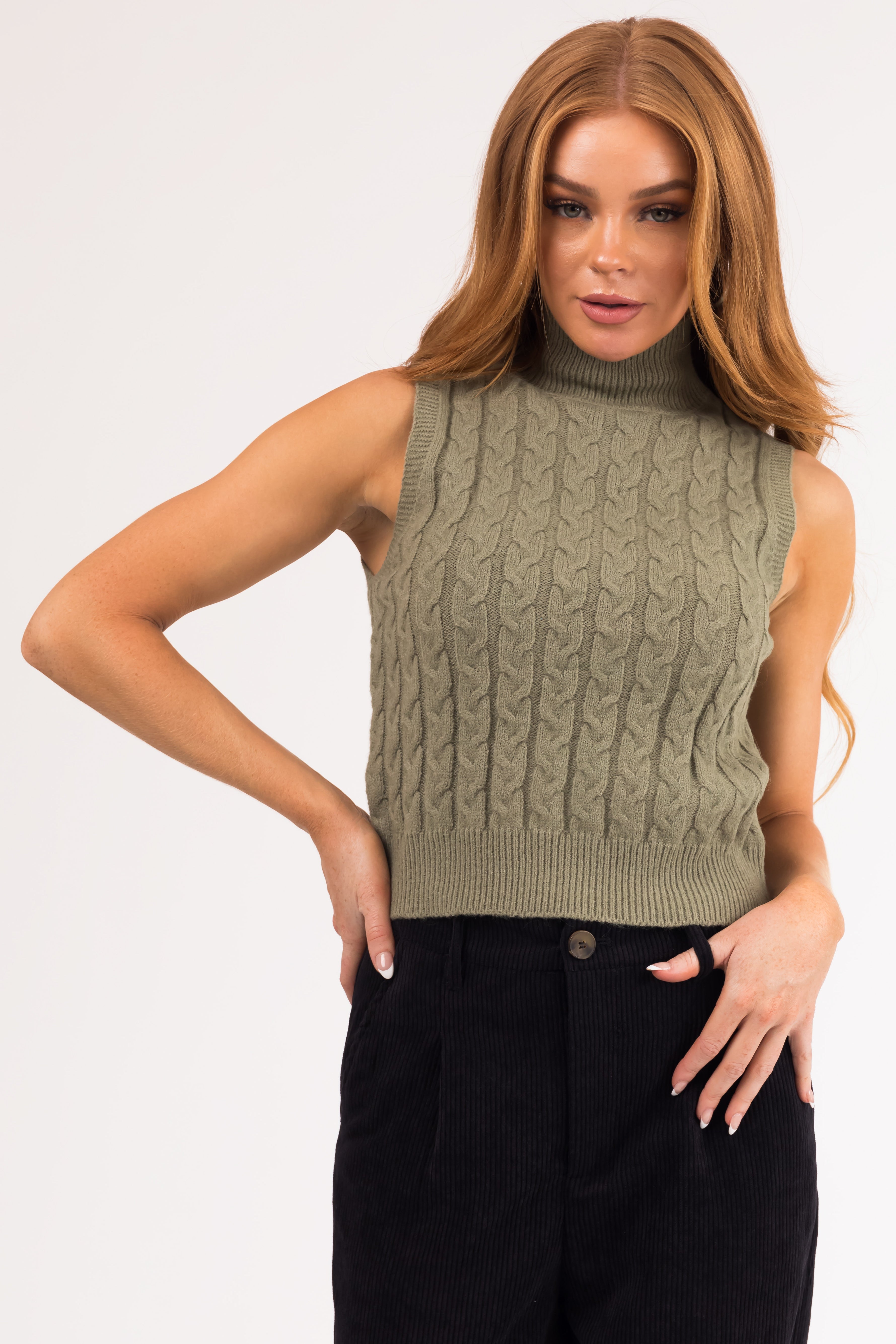 Dusty Olive Mock Neck Cable Knit Tank Top Lime Lush