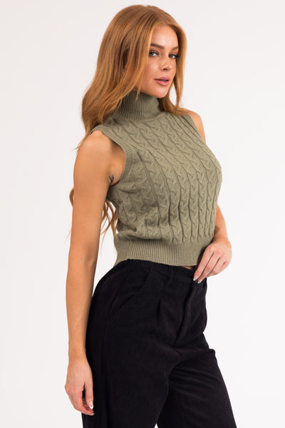Dusty Olive Mock Neck Cable Knit Tank Top