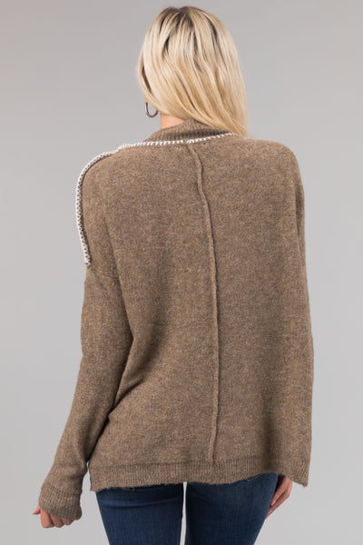 Dusty Olive Mock Neck Stitching Detail Sweater