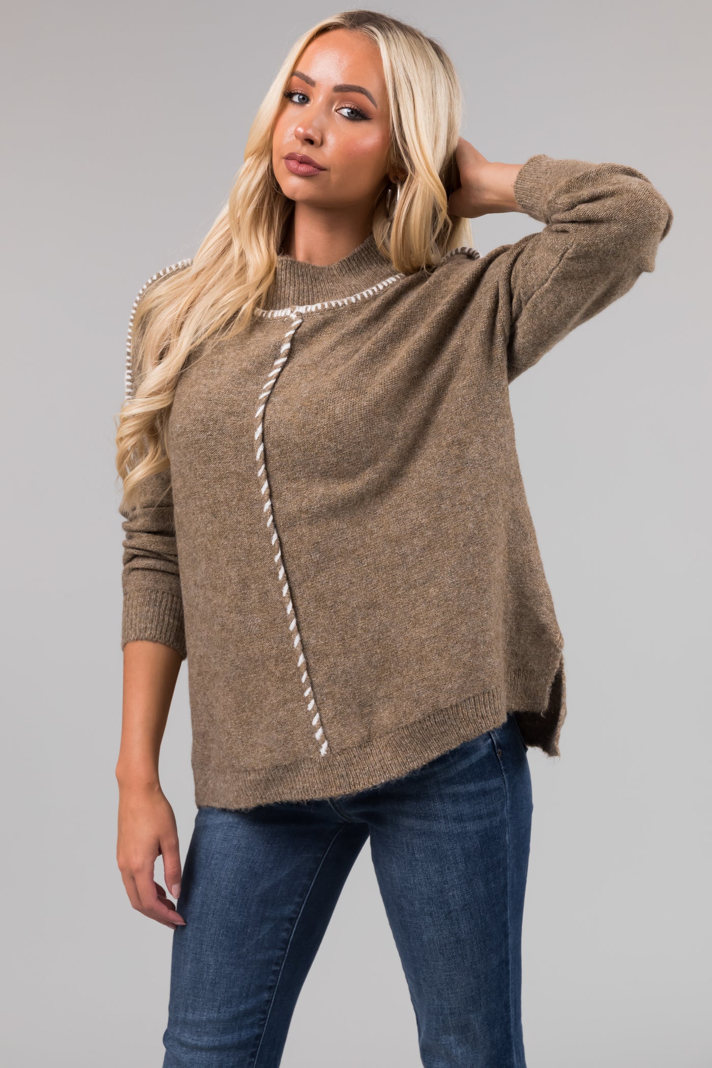 Dusty Olive Mock Neck Stitching Detail Sweater
