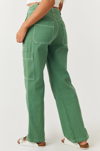 Dusty Olive Wide Leg Cargo Pants with White Stitching