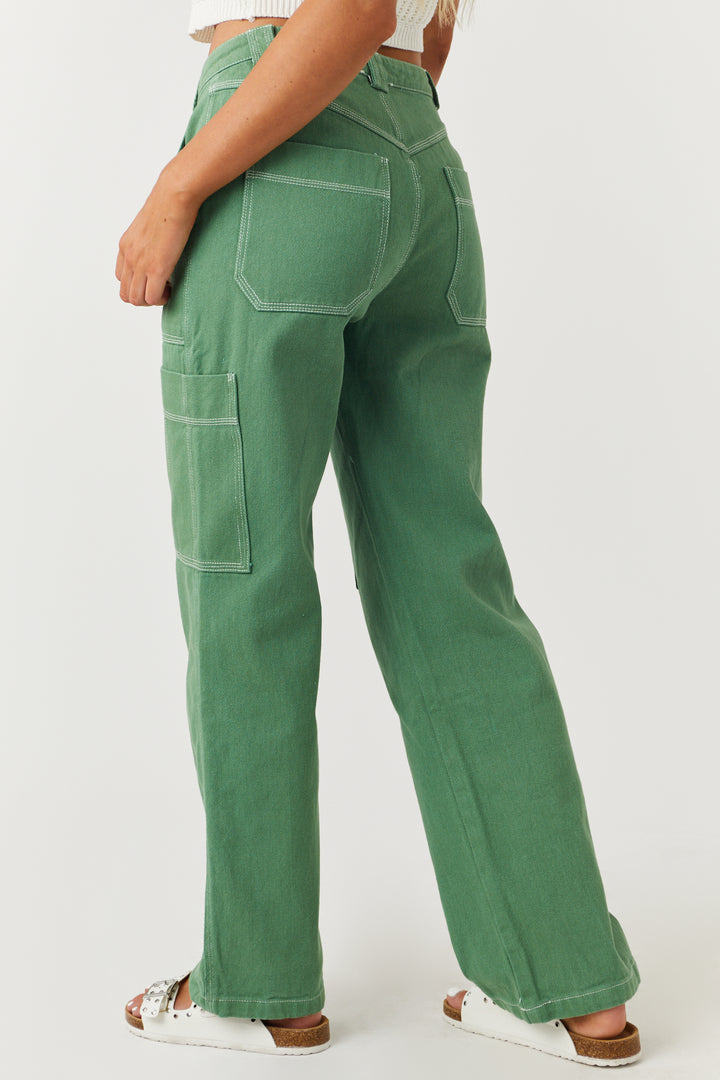 Dusty Olive Wide Leg Cargo Pants with White Stitching