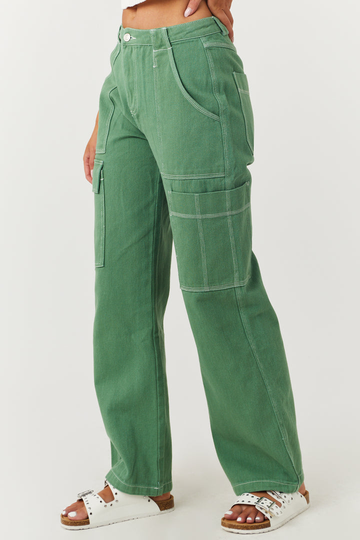 Dusty Olive Wide Leg Cargo Pants with White Stitching
