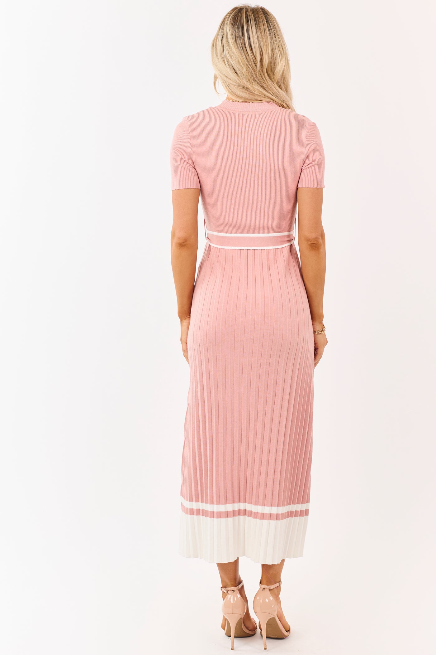 Dusty Punch Pleated Rib Knit Waist Tie Midi Dress