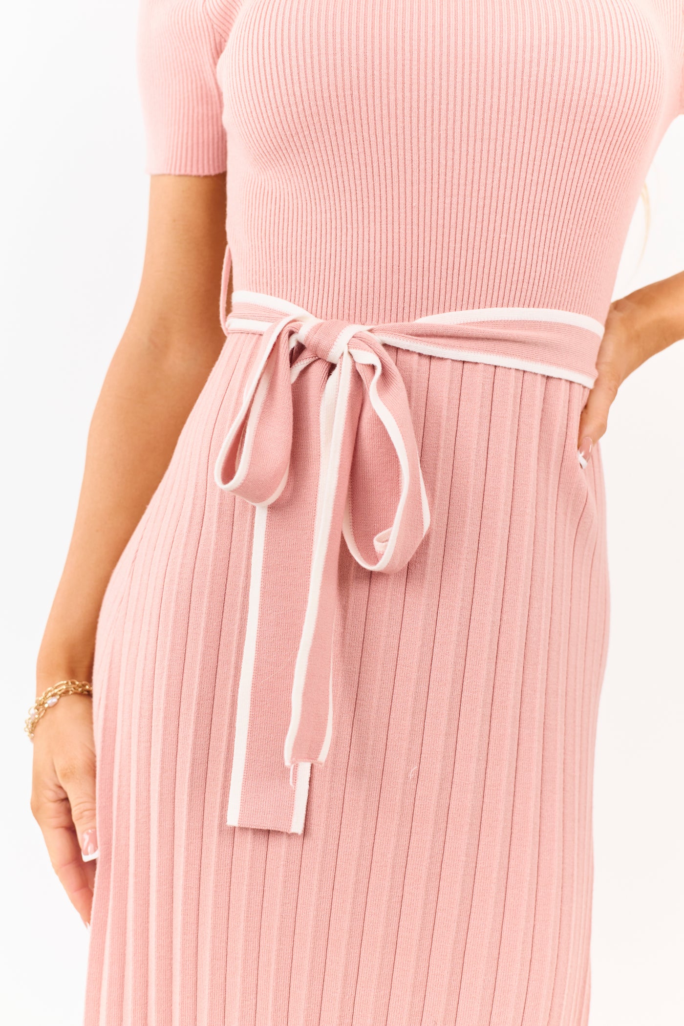 Dusty Punch Pleated Rib Knit Waist Tie Midi Dress