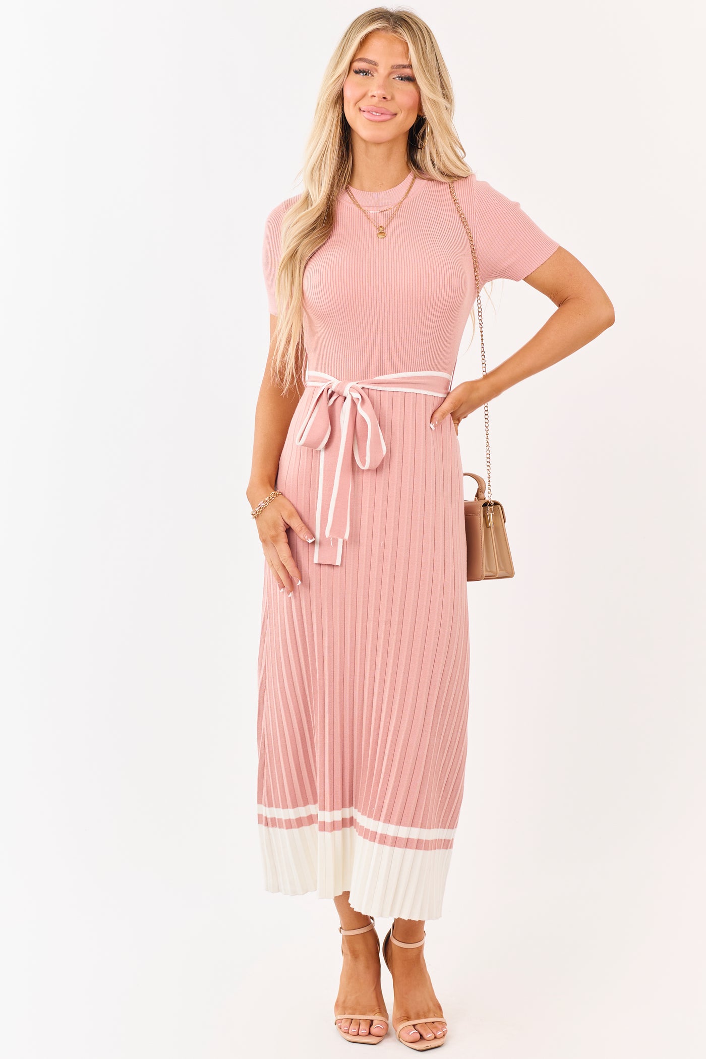 Dusty Punch Pleated Rib Knit Waist Tie Midi Dress