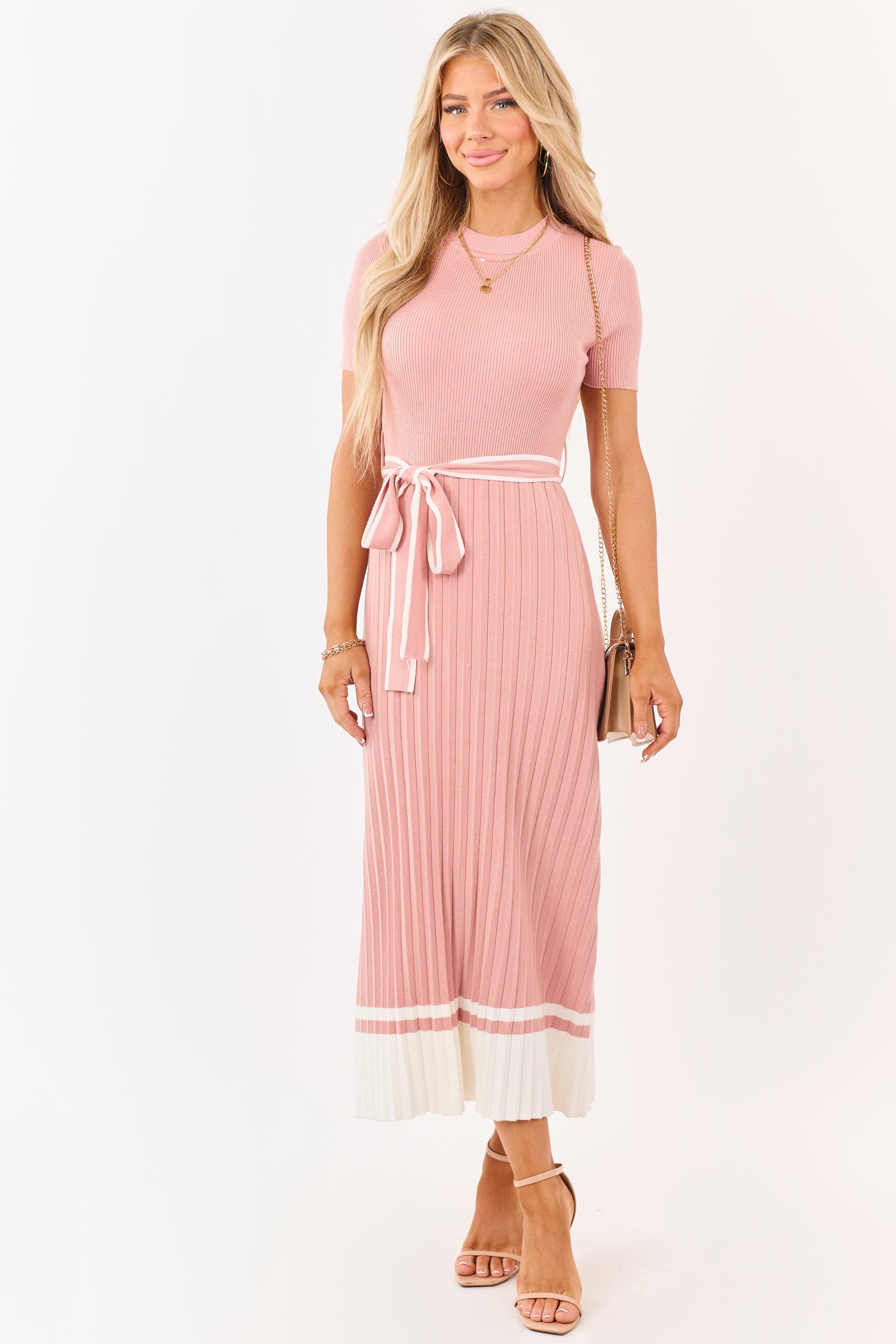 Dusty Punch Pleated Rib Knit Waist Tie Midi Dress