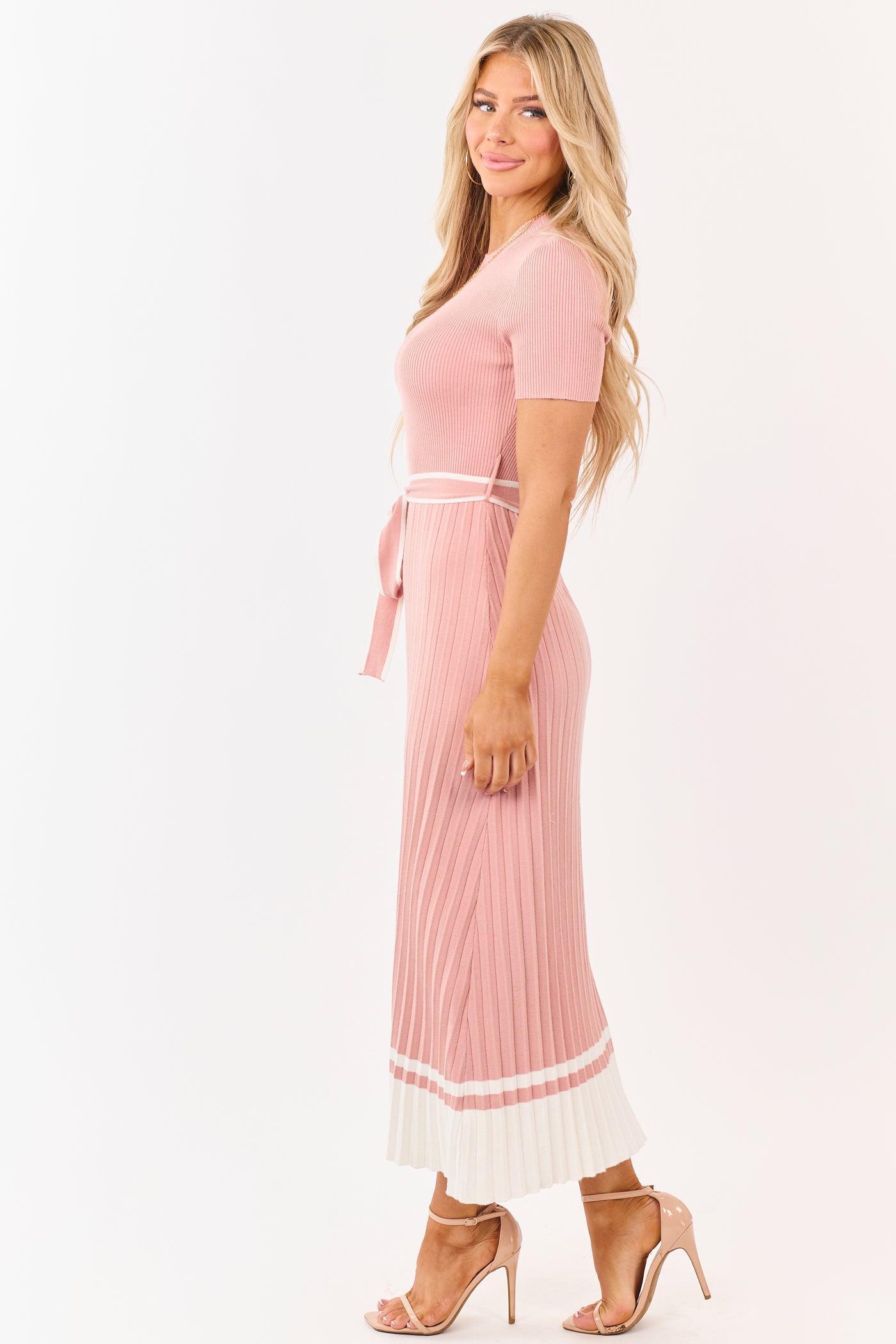 Dusty Punch Pleated Rib Knit Waist Tie Midi Dress
