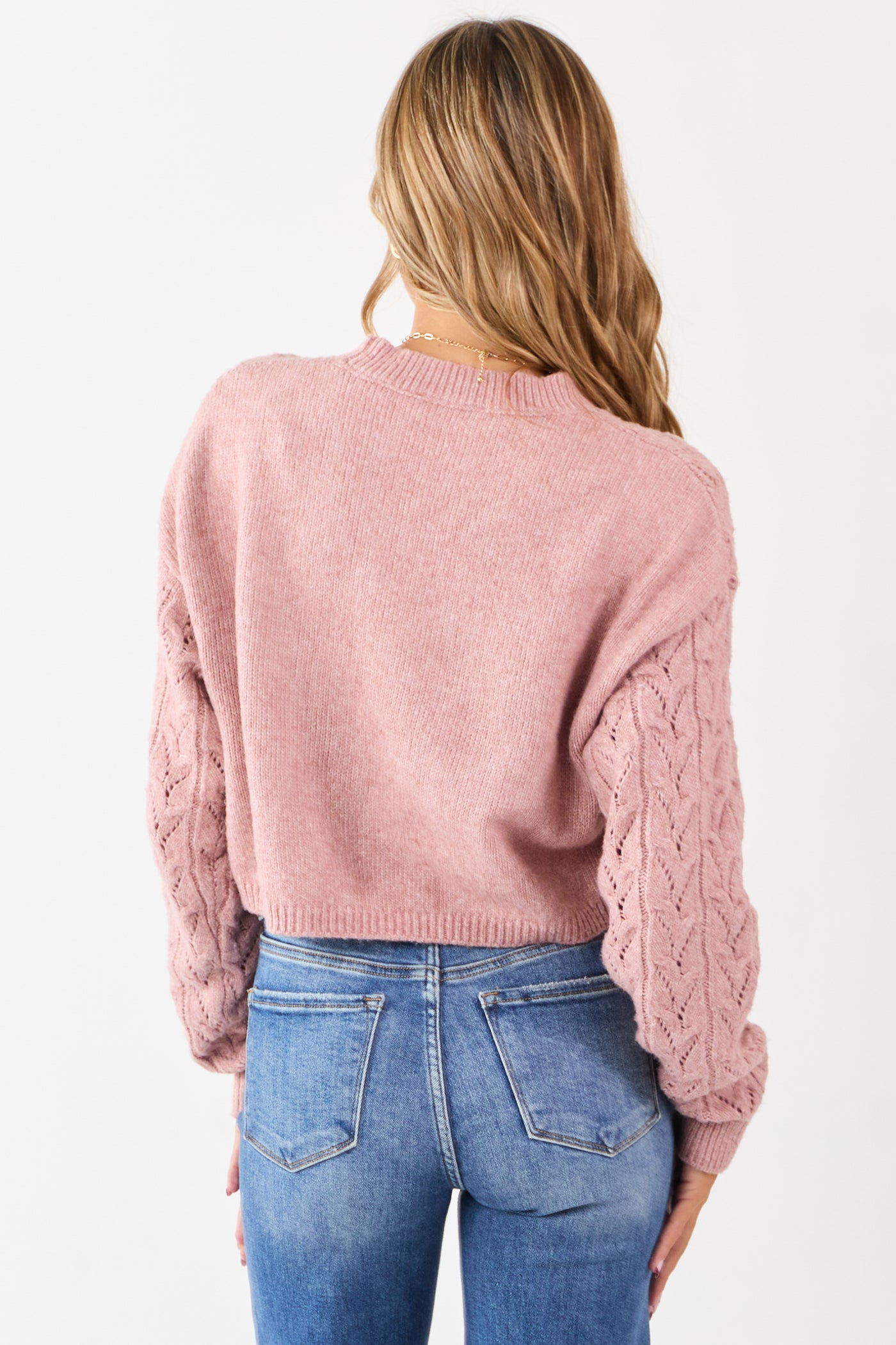 Dusty Rose Cable Knit Boxy Pointelle Sweater
