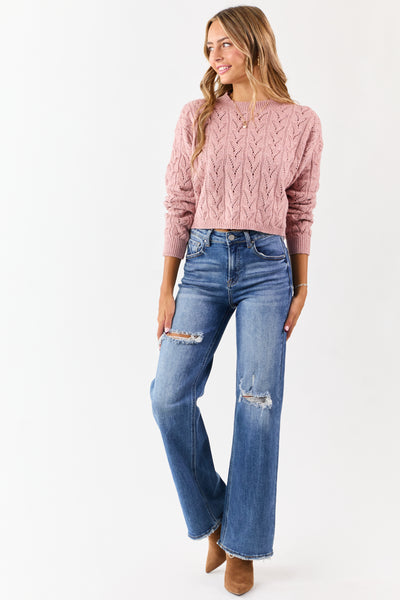Dusty Rose Cable Knit Boxy Pointelle Sweater
