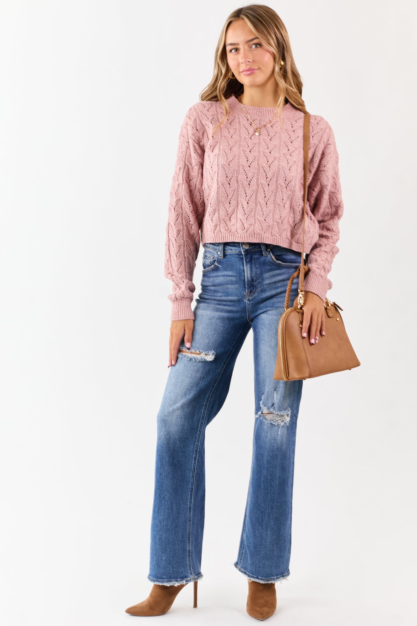 Dusty Rose Cable Knit Boxy Pointelle Sweater