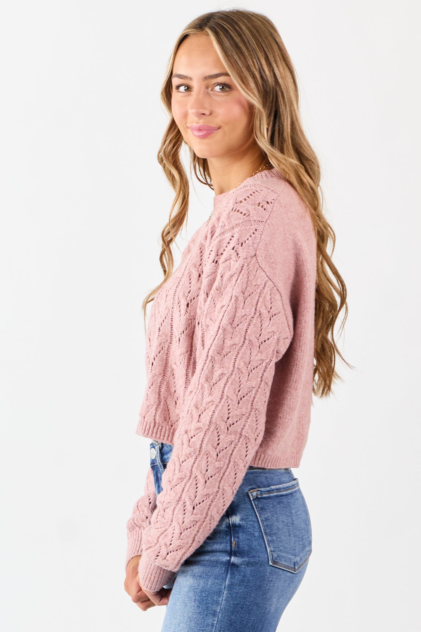 Dusty Rose Cable Knit Boxy Pointelle Sweater