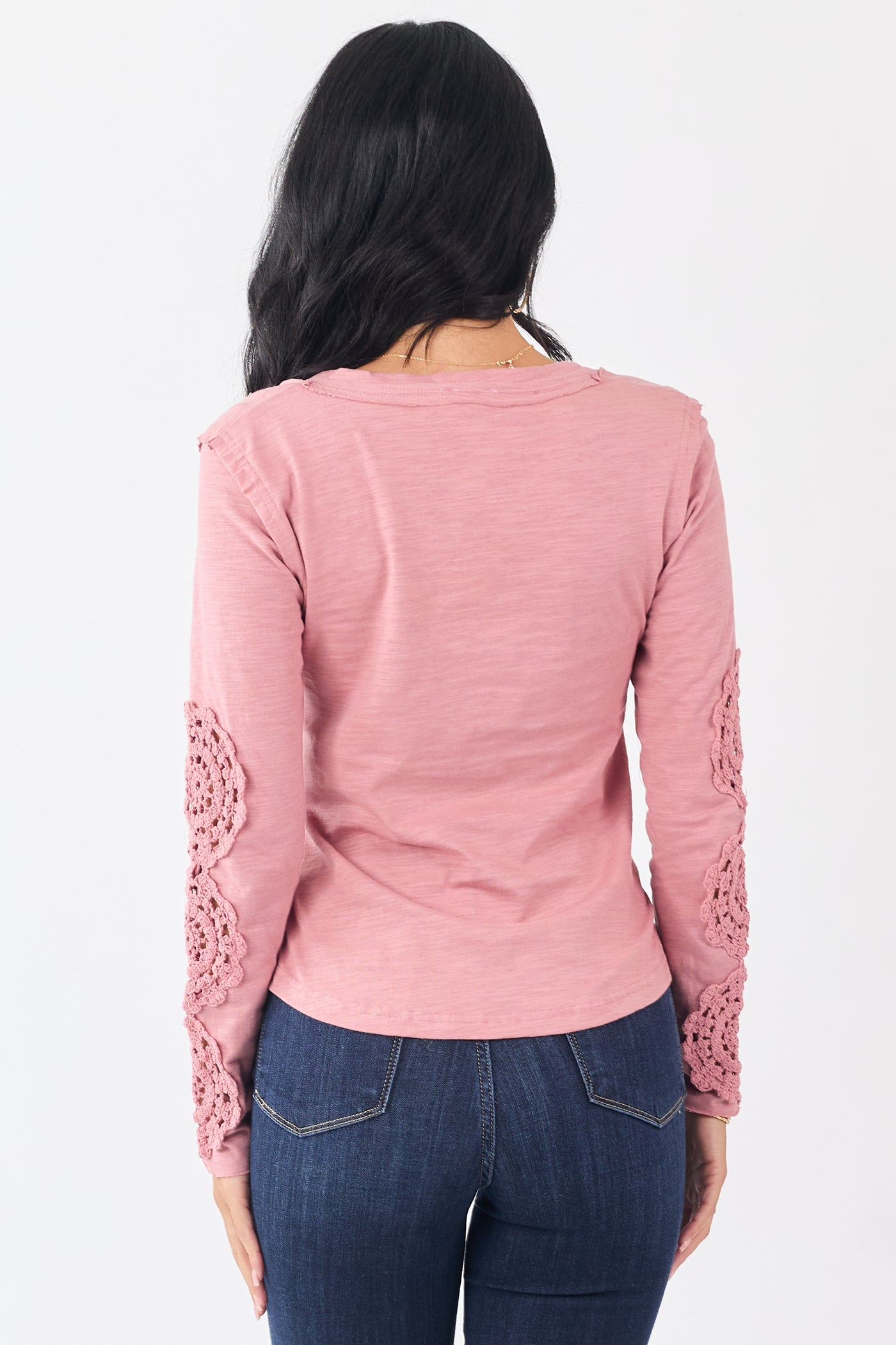 Dusty Rose Crochet Lace Sleeve Henley Cotton Top