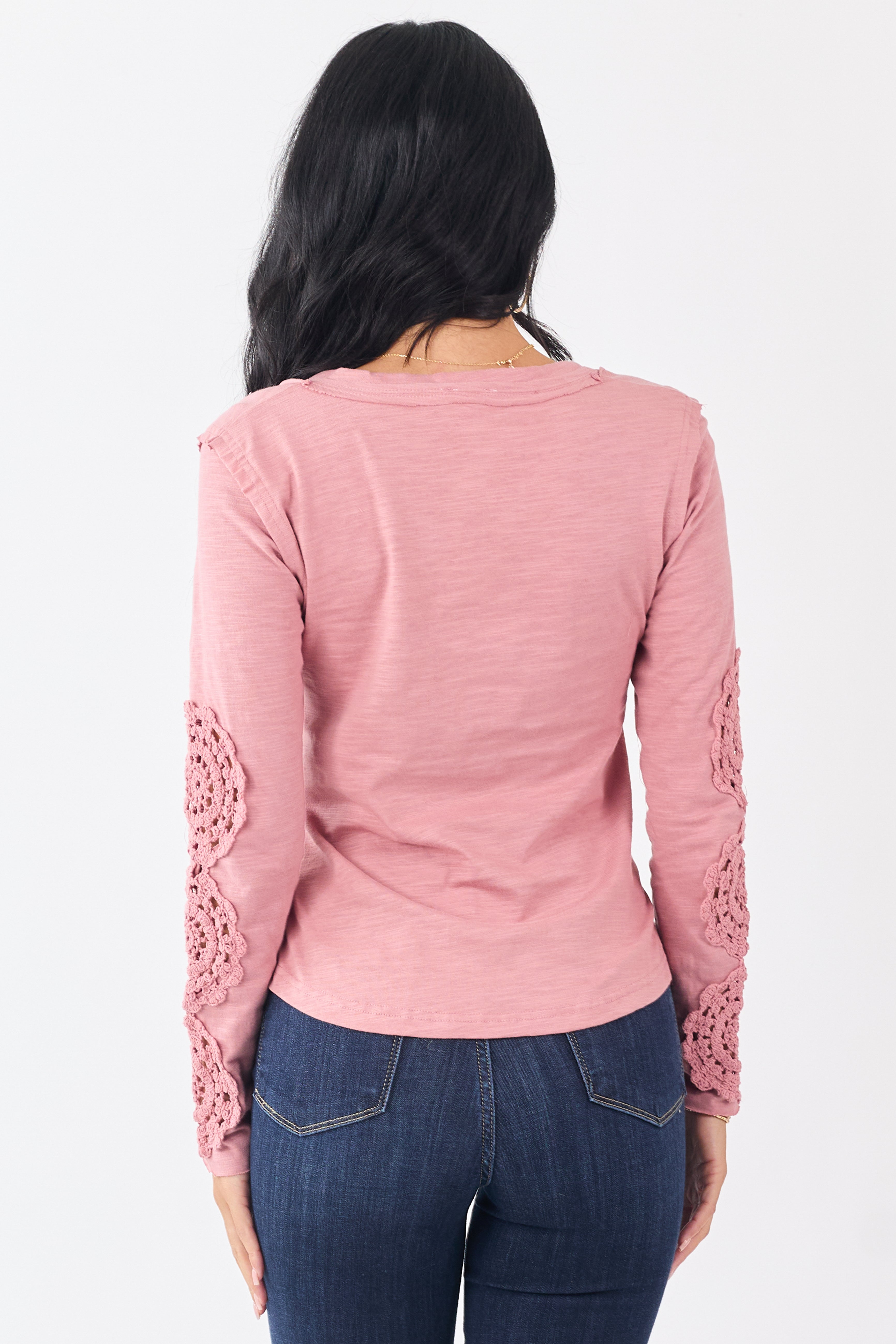 Dusty Rose Crochet Lace Sleeve Henley Cotton Top