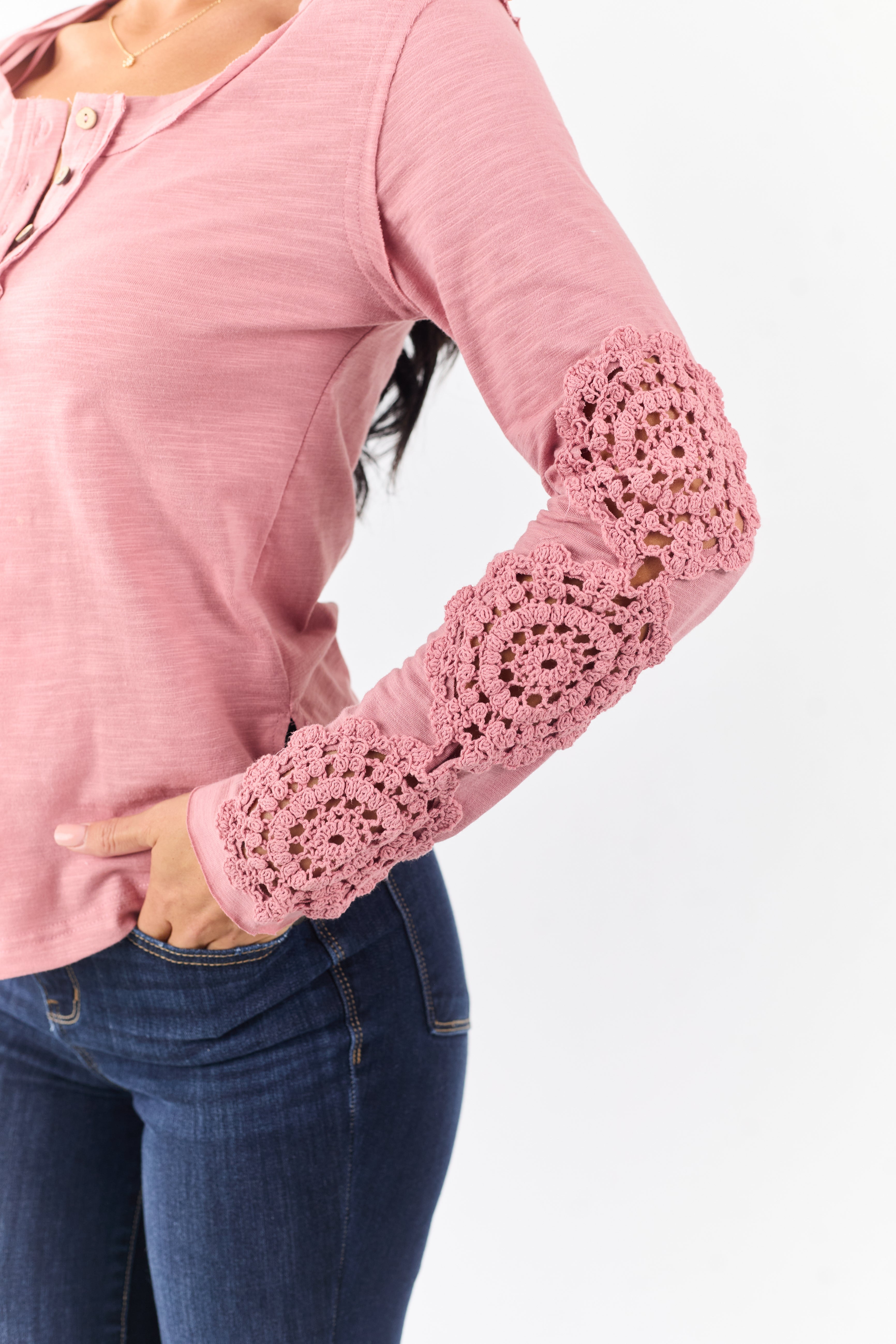 Dusty Rose Crochet Lace Sleeve Henley Cotton Top | Lime Lush Boutique