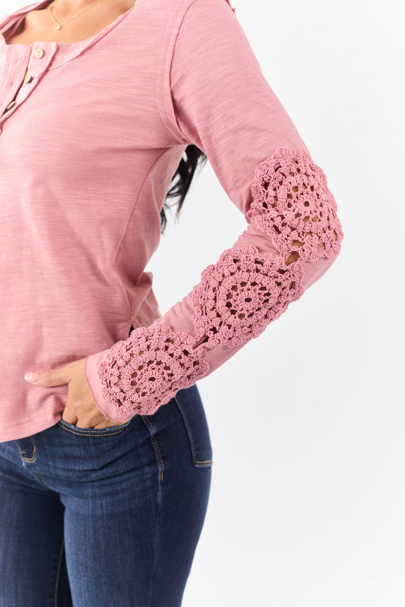 Dusty Rose Crochet Lace Sleeve Henley Cotton Top