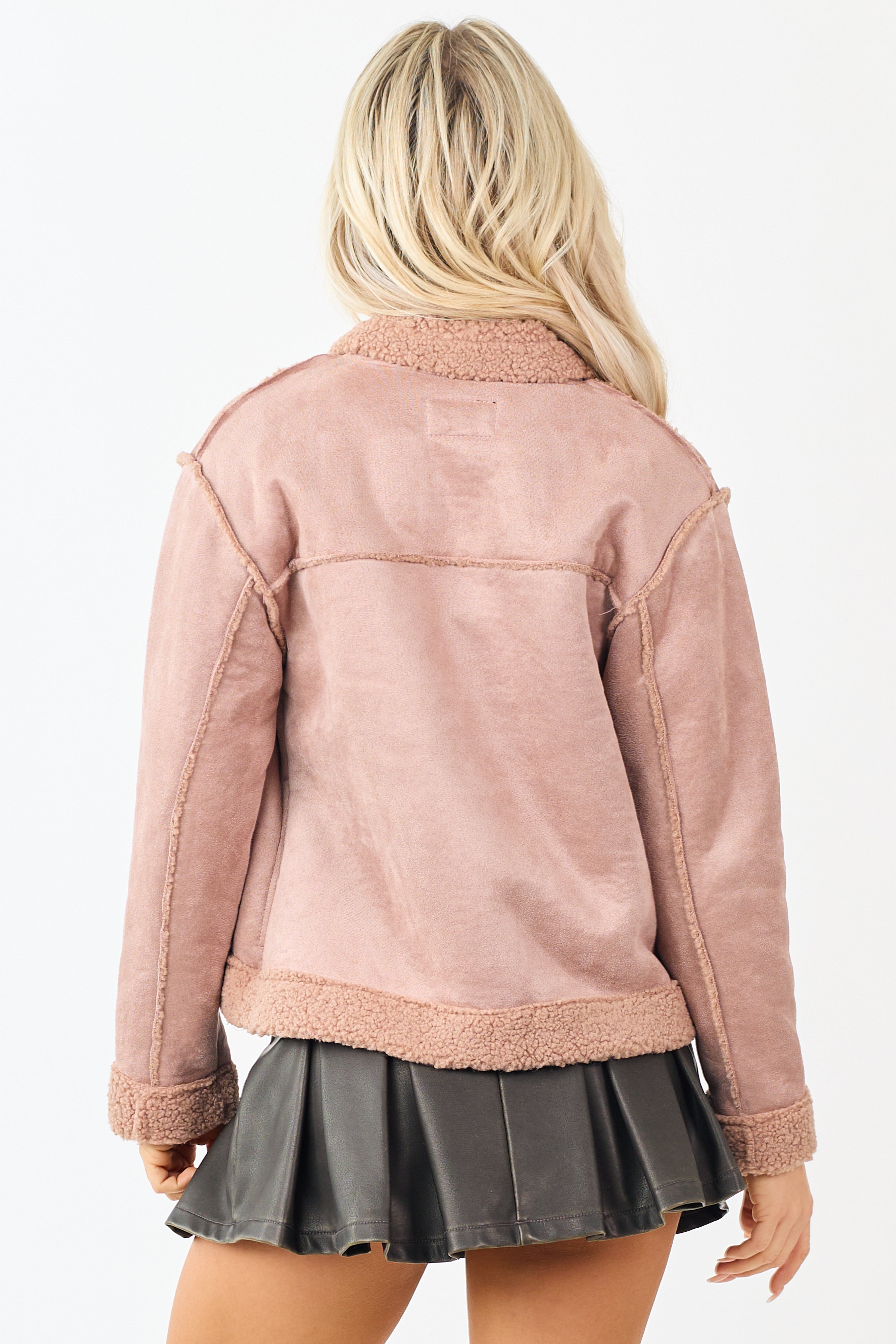 Dusty Rose Faux Suede Sherpa Lined Jacket