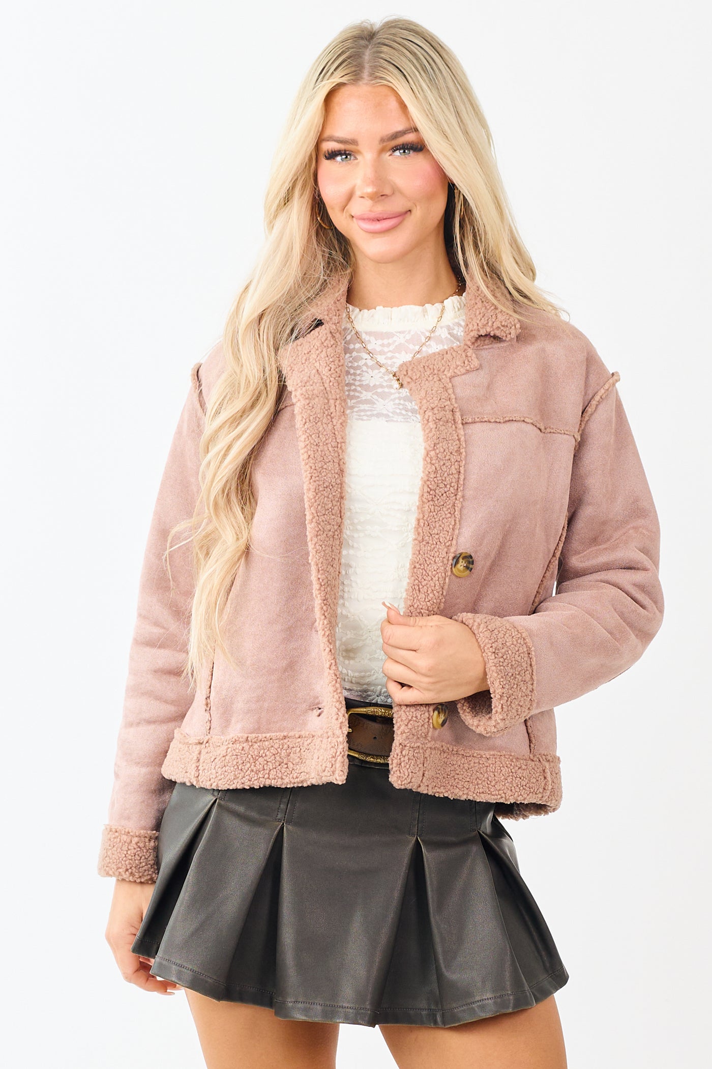 Dusty Rose Faux Suede Sherpa Lined Jacket