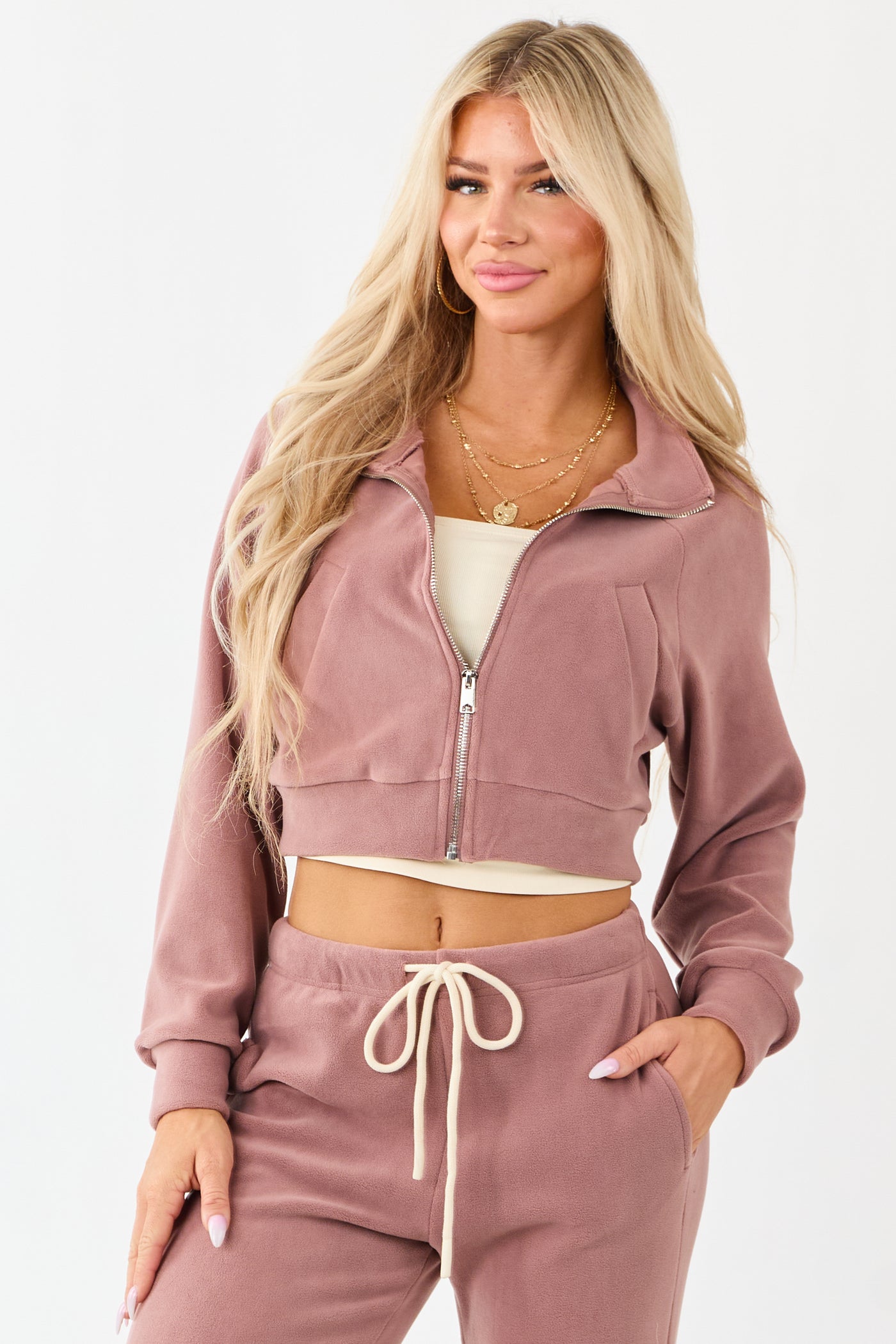 Dusty Rose Fleece Cropped Zip Up Collared Jacket