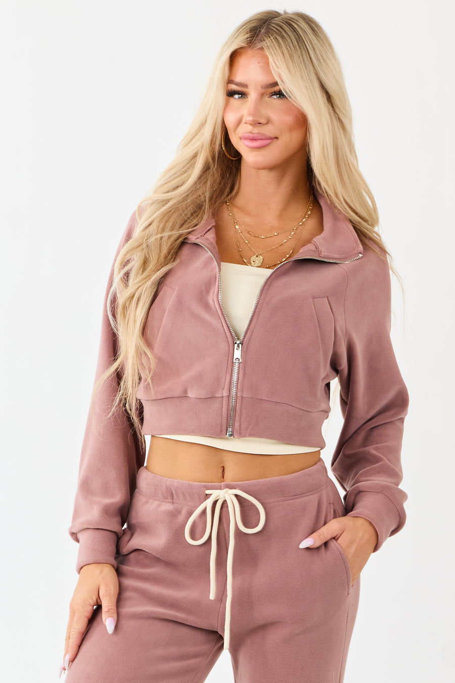 Dusty Rose Fleece Cropped Zip Up Collared Jacket