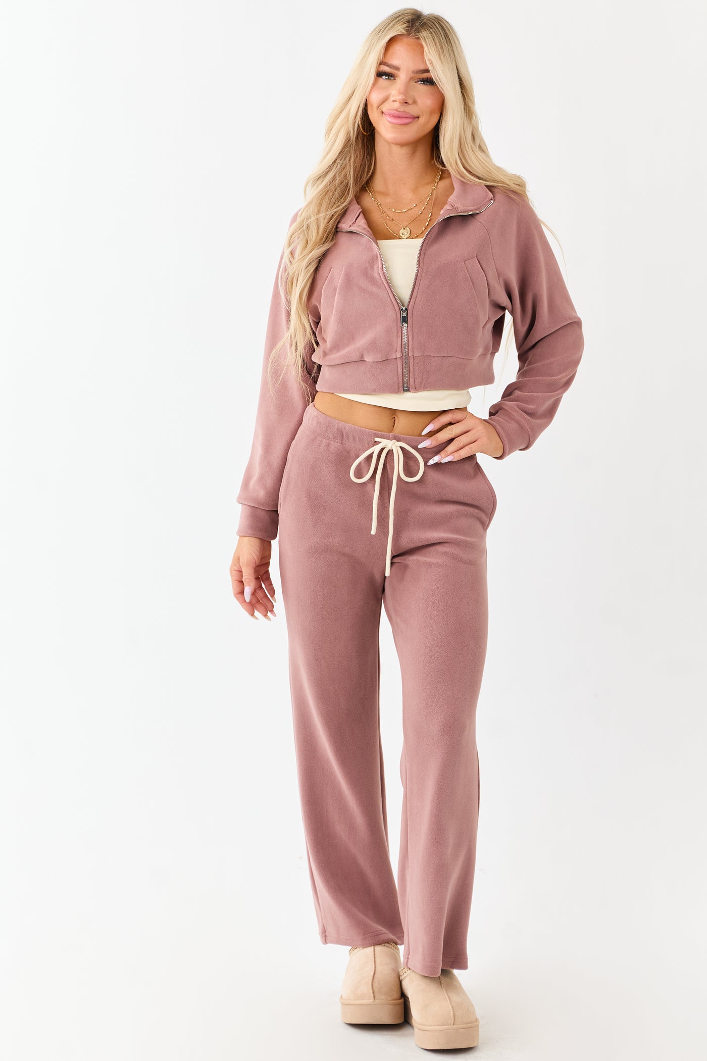 Dusty Rose Fleece Cropped Zip Up Collared Jacket