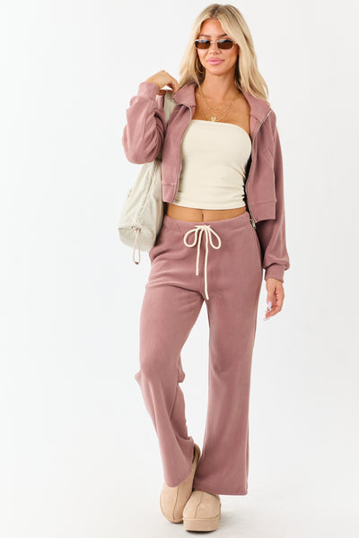 Dusty Rose Fleece Cropped Zip Up Collared Jacket