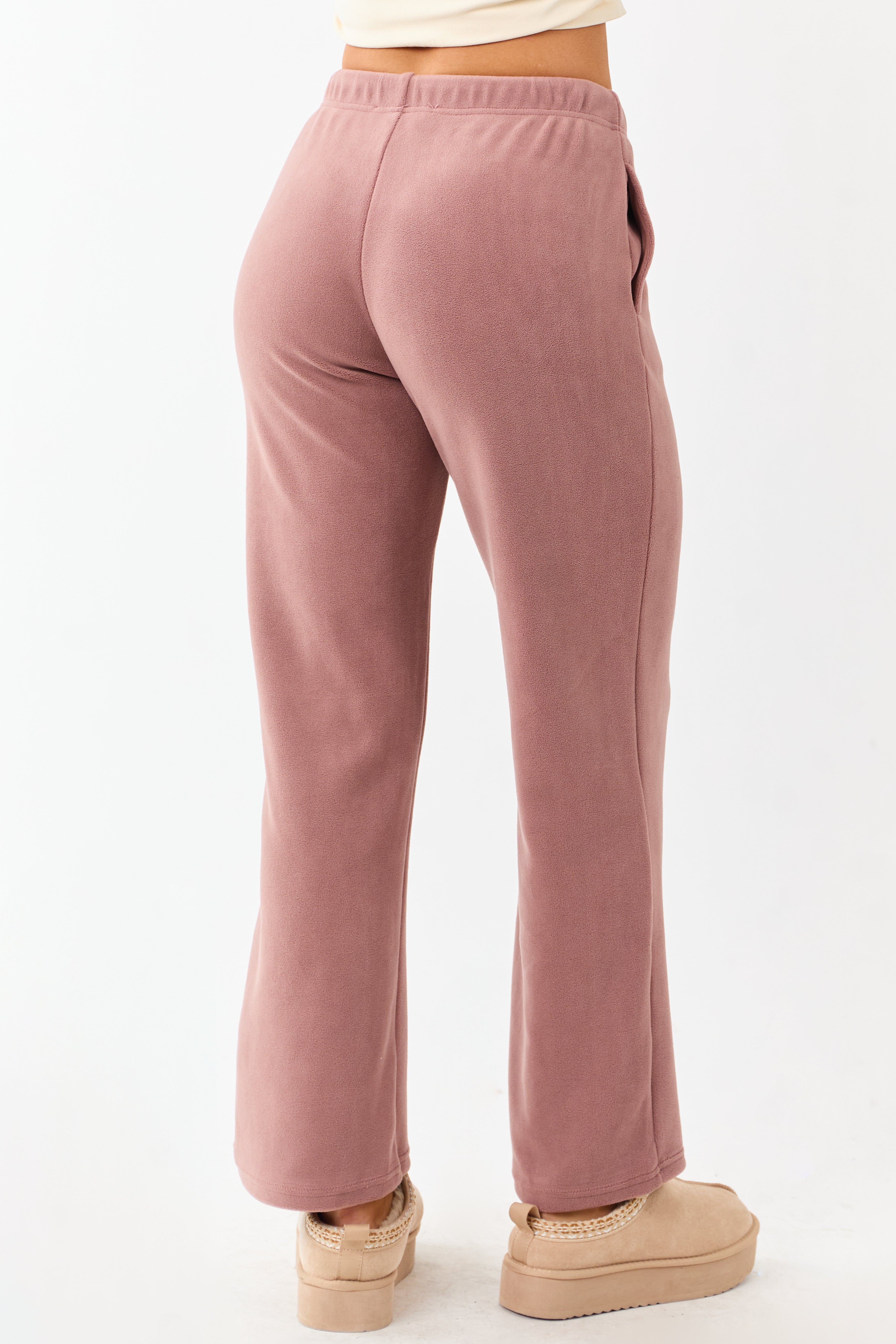 Dusty Rose Fleece Wide Leg Drawstring Pants