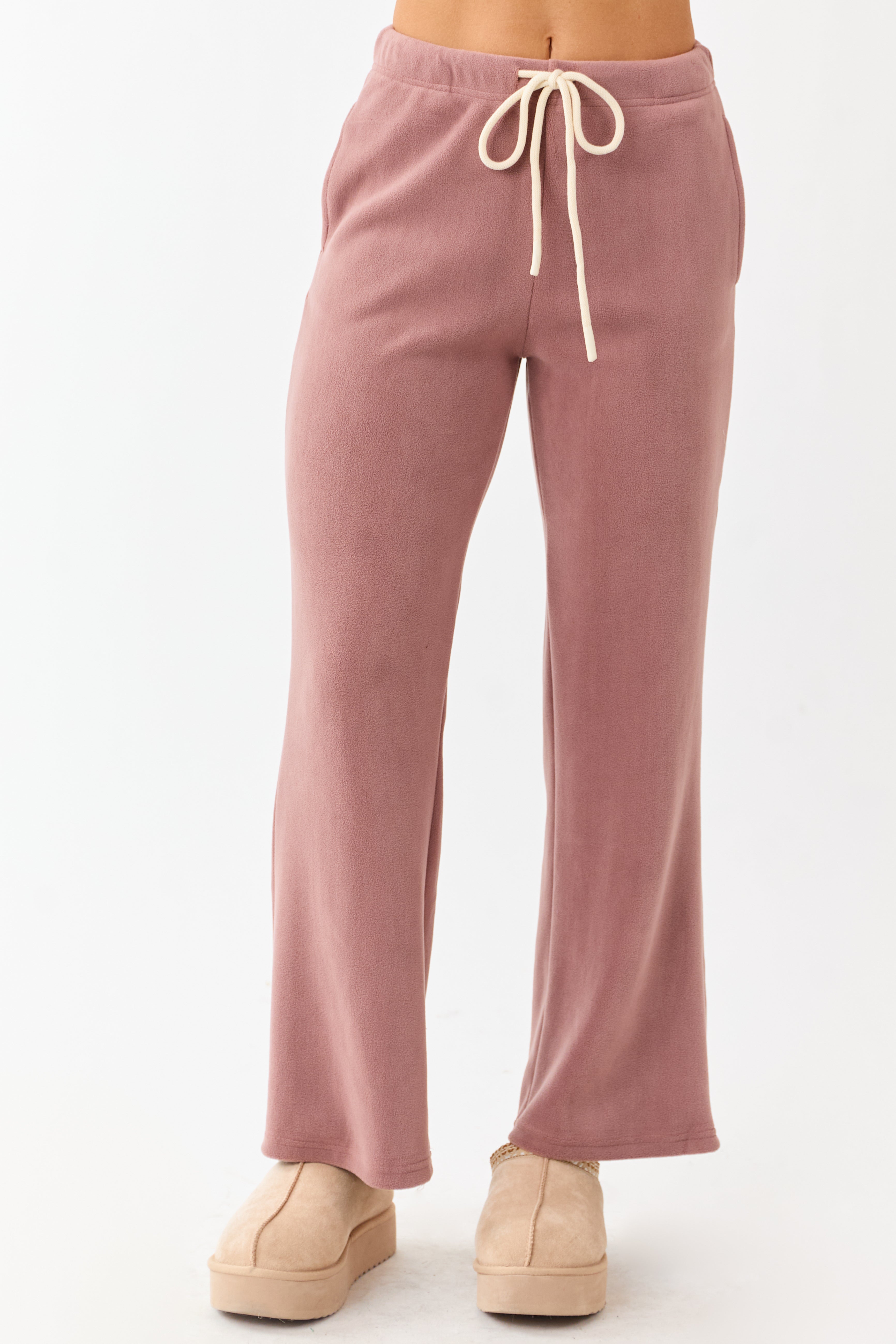 Dusty Rose Fleece Wide Leg Drawstring Pants