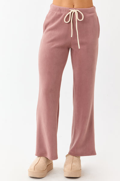 Dusty Rose Fleece Wide Leg Drawstring Pants