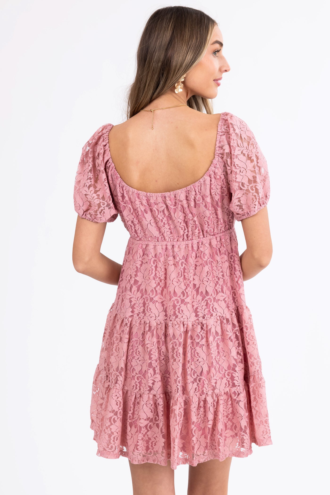 Dusty Rose Floral Lace Tiered Short Dress