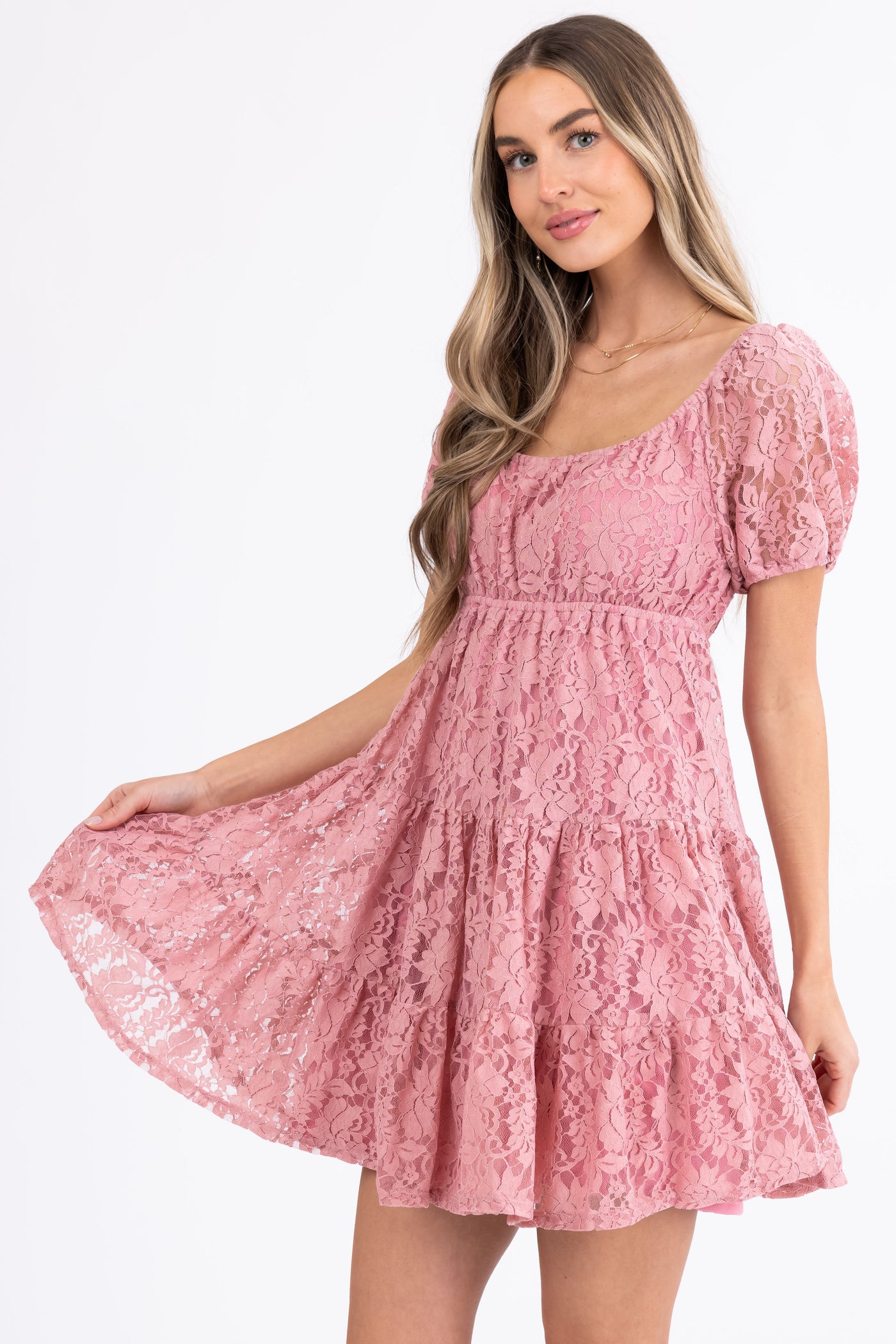 Dusty Rose Floral Lace Tiered Short Dress