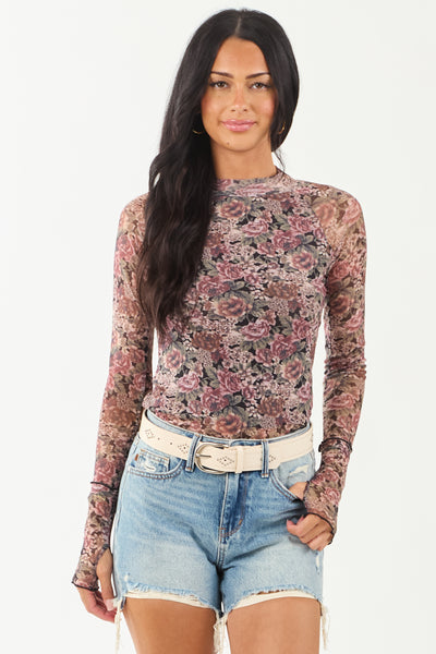 Dusty Rose Floral Mesh Long Sleeve Mock Neck Top | Lime Lush